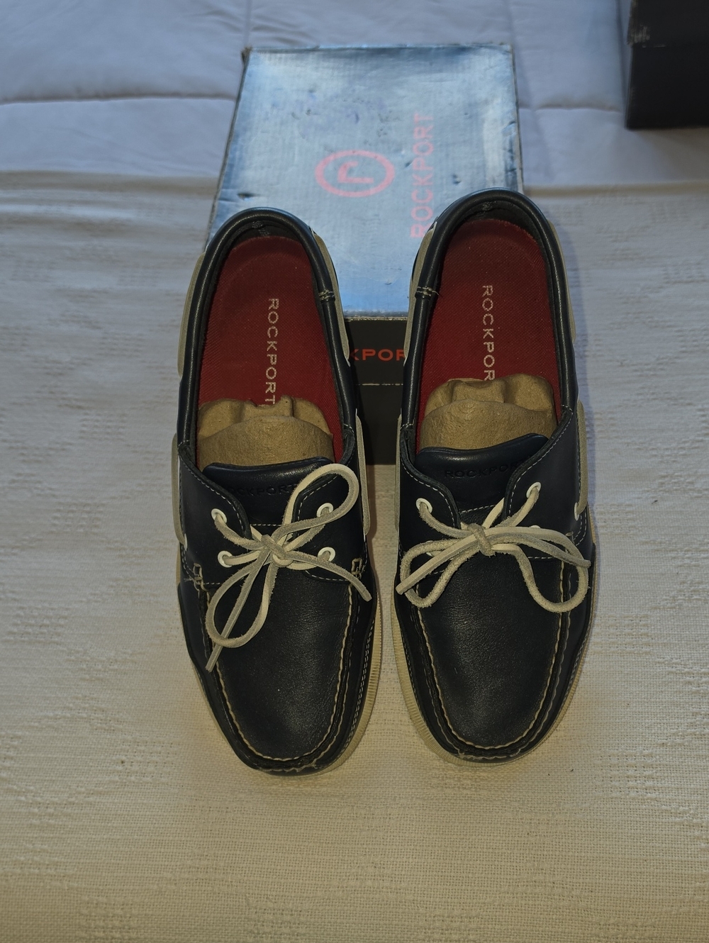 Rockport Navy Leather Men’s Boat Shoes with White Laces